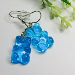 Blue Resin Gummy Bear Dangle Earrings - Weird Unique Snack Themed Earrings